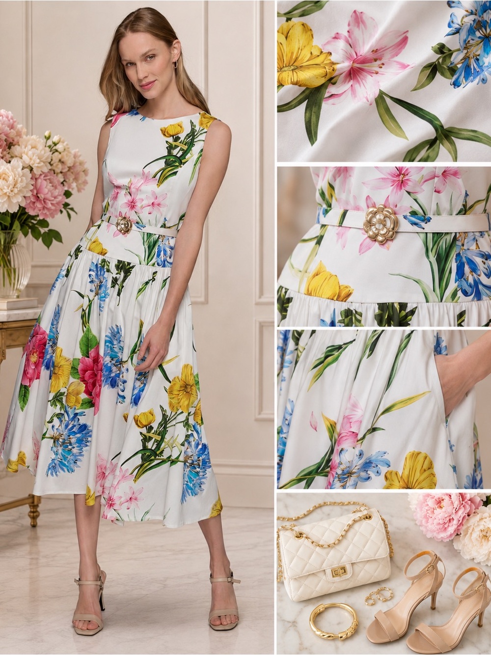 $179 NEW W. TAG KARL LAGERFELD WHITE BLOSSOM COTTON DAY MIDI DRESS US 12